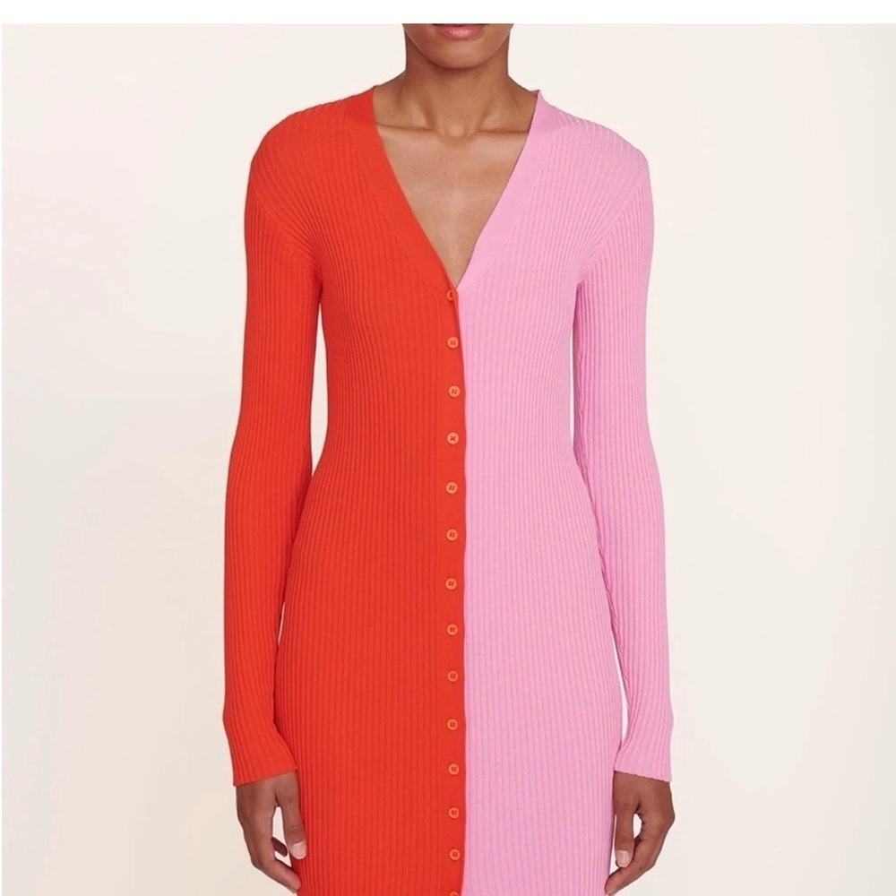 STAUD Two-Tone Ribbed Button-Front Midi Dress — Red & Pink - Picture 3 of 5